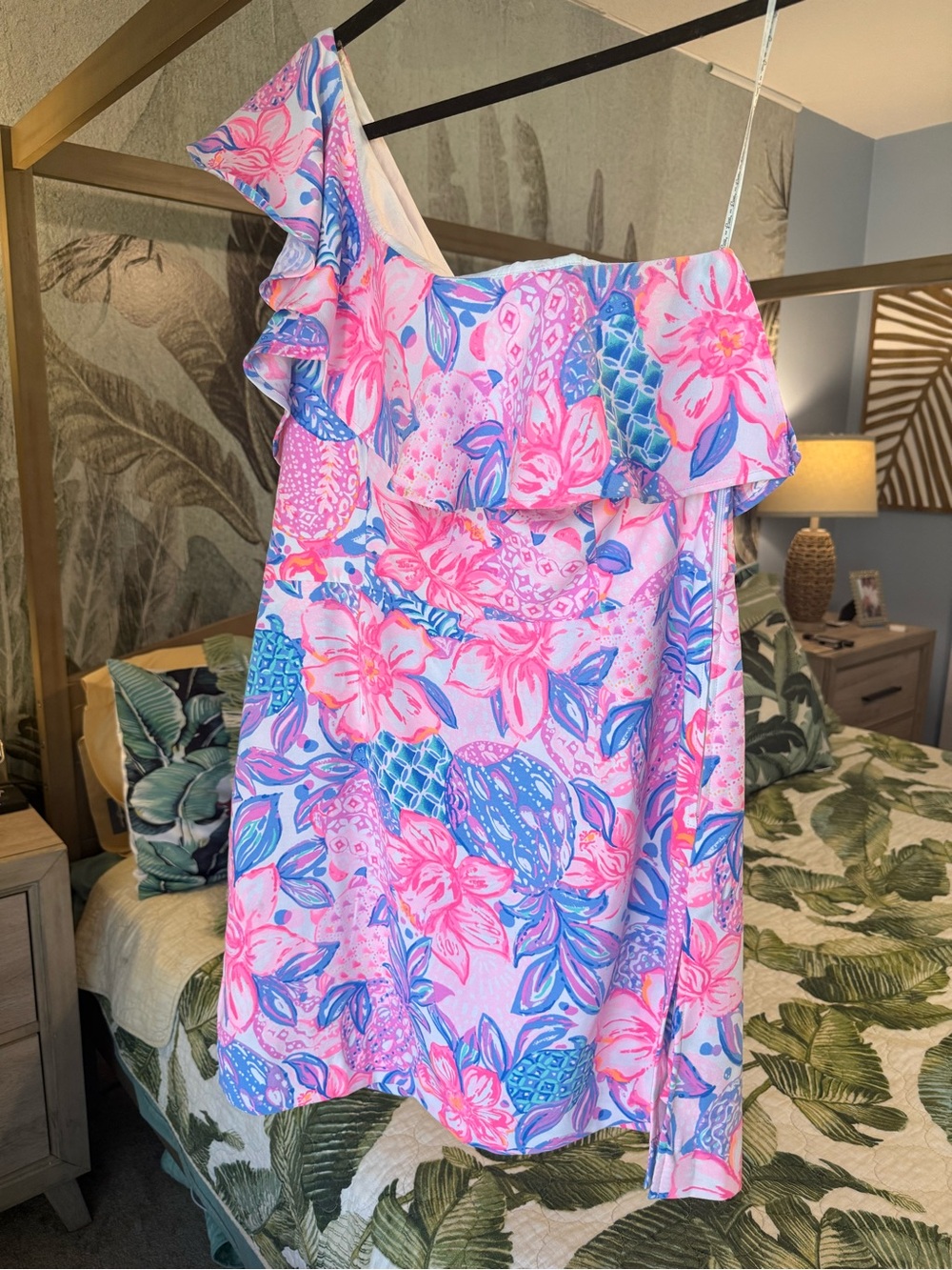 Lilly Pulitzer One-Shoulder Tropical Floral Dress in Pink & Blue Size 12
